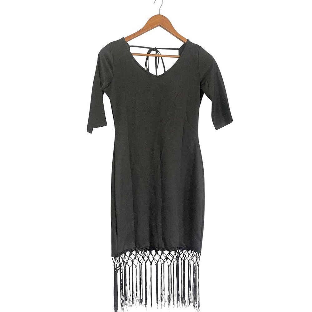 Sultry Back Tie Fringe Mini Dress 🖤 Deep Plunge Back | Night Out / Party Fit - Picture 7 of 8